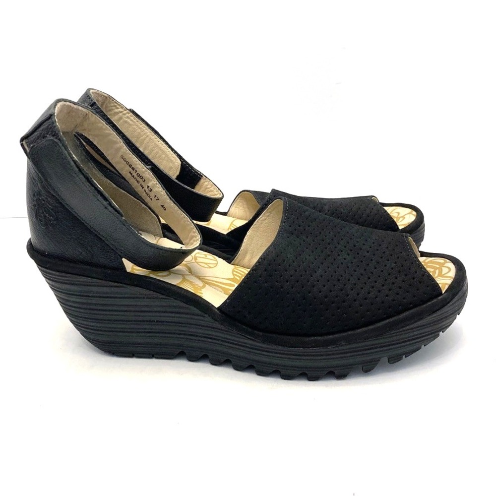 FLY London Black Nubuck Platform Wedge Sandals Womens 9 EU 40 Ankle Strap